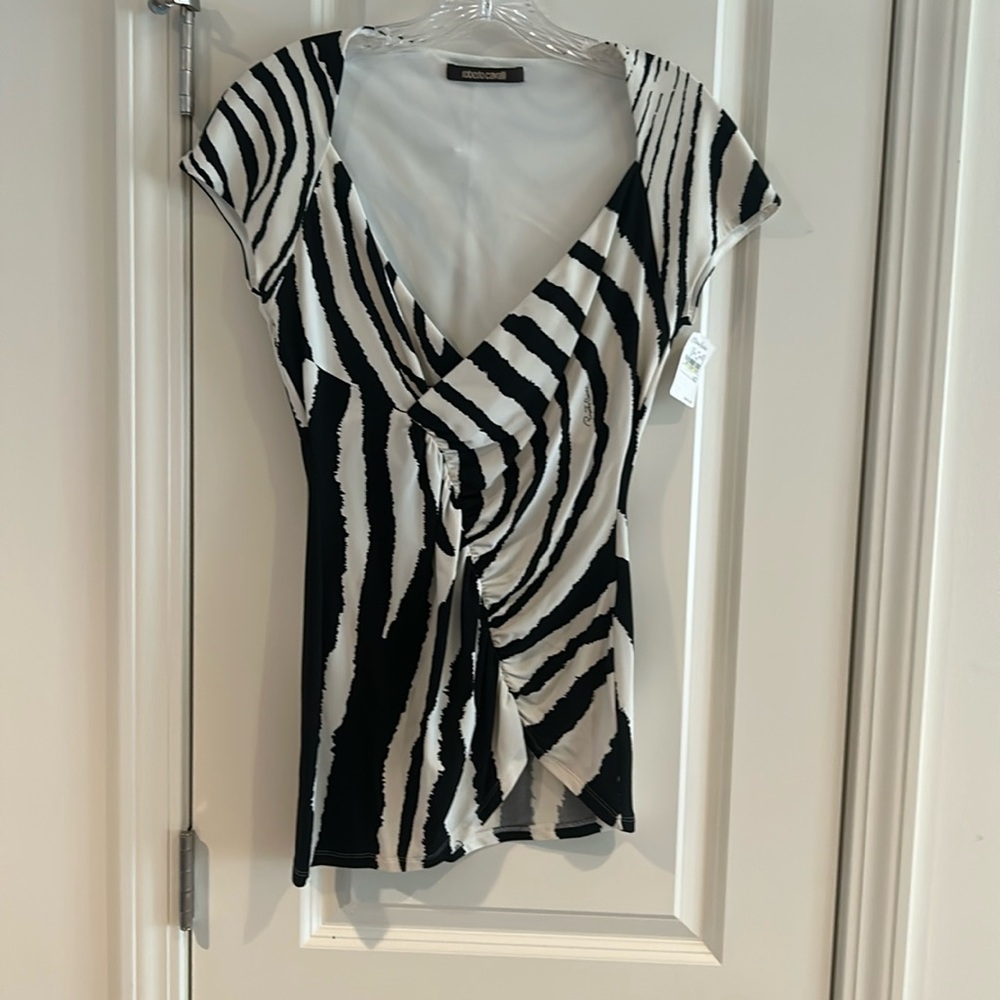 Roberto Cavalli nylon v-neck, black and white Zebra patterned top